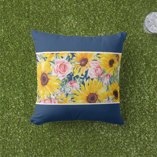 Pink Roses Sunflowers Navy Blue Porch Patio Outdoo Outdoor Pillow (Grass)