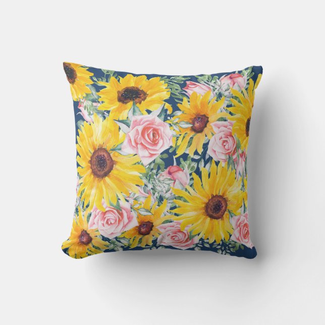 Pink Roses Sunflowers Navy Blue Porch Patio Outdoor Pillow (Front)