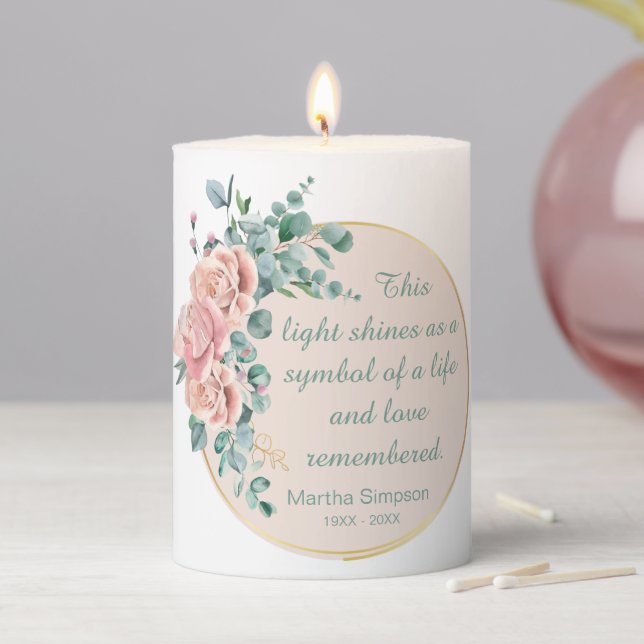 Pink Roses Symbol of Life & Love Remembrance Pillar Candle (In Situ)