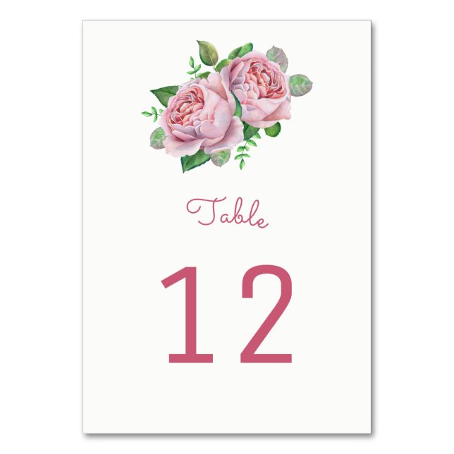 Pink Roses Table Number Cards (Front)
