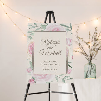 Pink Roses Tan Brown Wedding Decor Welcome Sign