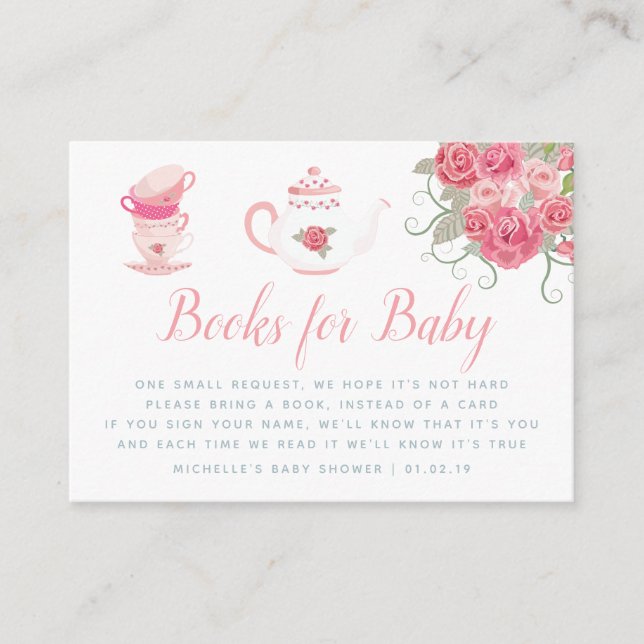 Pink Roses Tea Party Baby Shower Book Request Enclosure Card (Front)