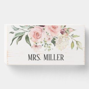 Pink Roses Teacher Name Classroom Wooden Box Sign