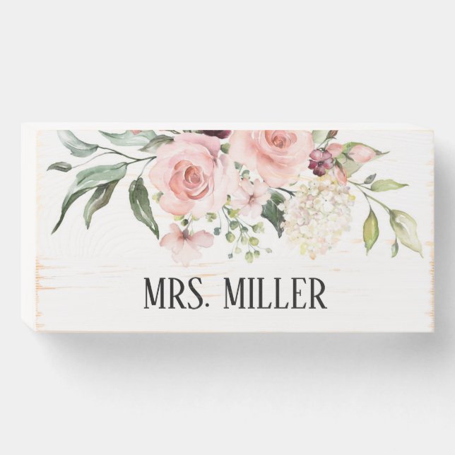 Pink Roses Teacher Name Classroom Wooden Box Sign (Front Horizontal)