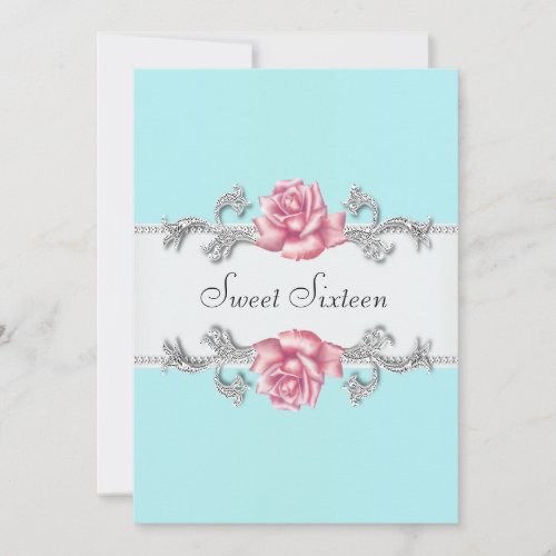Pink Roses Teal Blue Sweet Sixteen Birthday Party Announcements