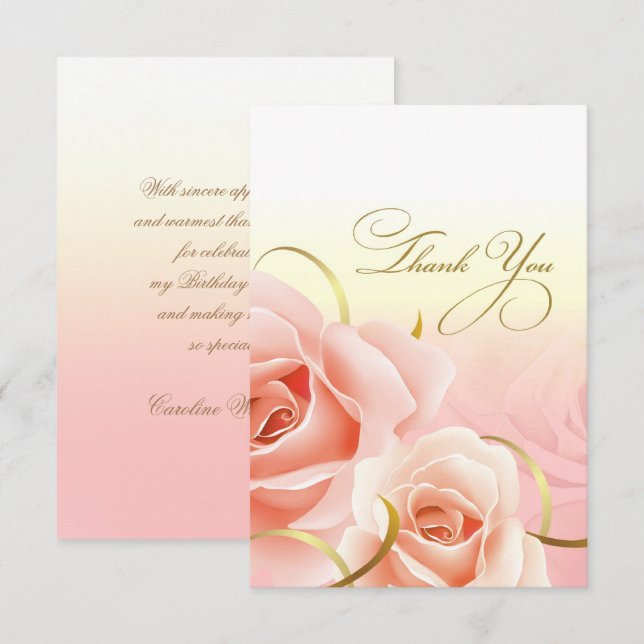 Pink Roses Thank You Birthday Party Cards (Front/Back)