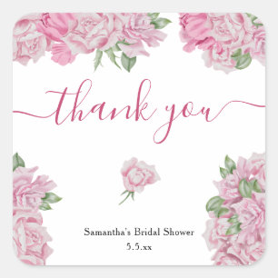 Pink roses - thank you bridal shower square sticker
