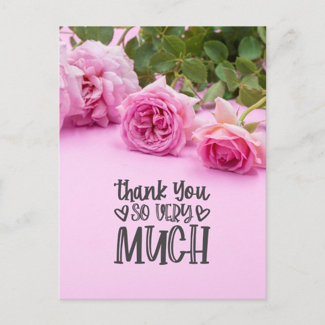 Pink roses Thank you card on pink background (Front)