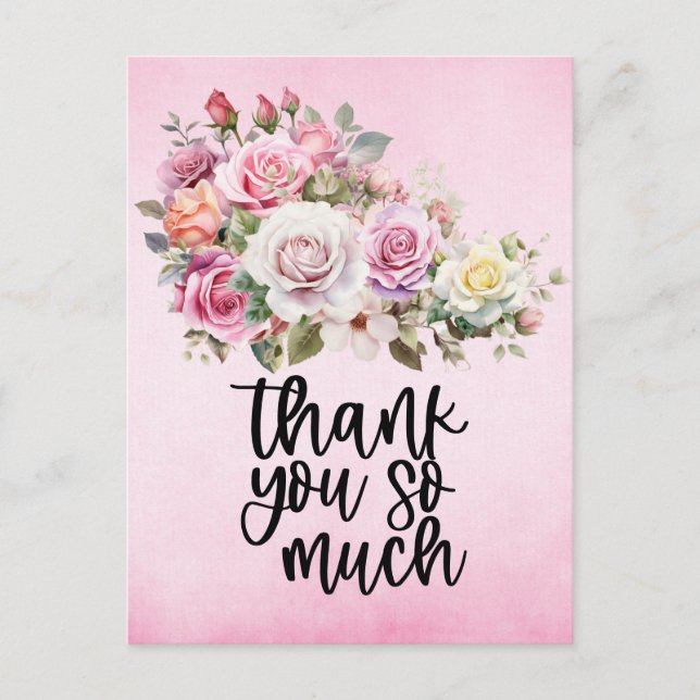 Pink roses Thank you card on pink background (Front)