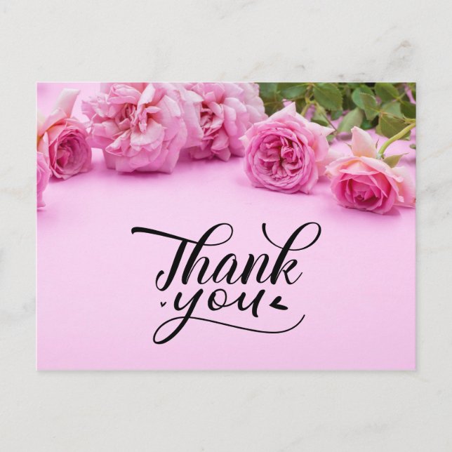 Pink roses Thank you card on pink background (Front)