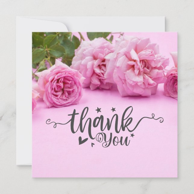 Pink roses Thank you card on pink background (Front)