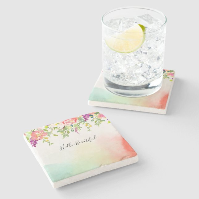 Pink Roses Tie Dye Floral Stone Coaster (Side)
