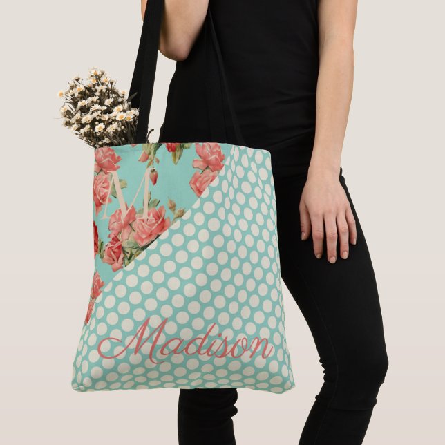 Pink Roses Trendy Green Dots Girly Name Monogram Tote Bag (Close Up)