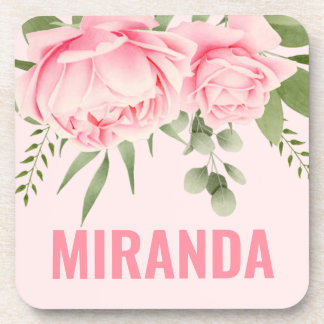 Pink roses trendy watercolor flowers beverage coaster