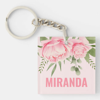 Pink roses trendy watercolor flowers keychain
