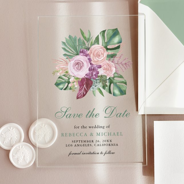 Pink Roses Tropical Monstera Wedding Save the Date (Creator Uploaded)