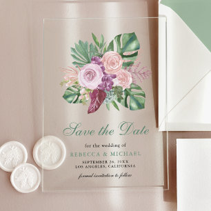 Pink Roses Tropical Monstera Wedding Save the Date Acrylic Invitations