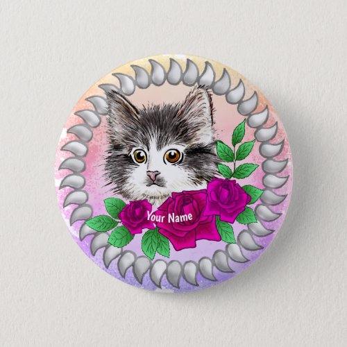 Pink Roses Tuxedo Cat custom name  Button
