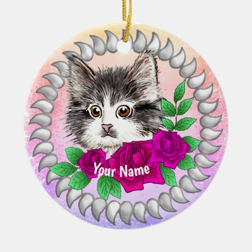 Pink Roses Tuxedo Cat custom name  Ceramic Ornament