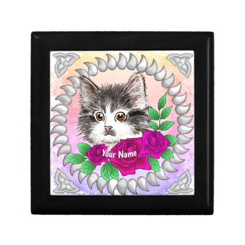 Pink Roses Tuxedo Cat custom name  Gift Box