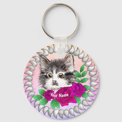 Pink Roses Tuxedo Cat custom name  Keychain