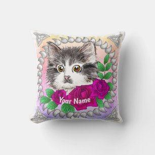 Pink Roses Tuxedo Cat Throw Pillow