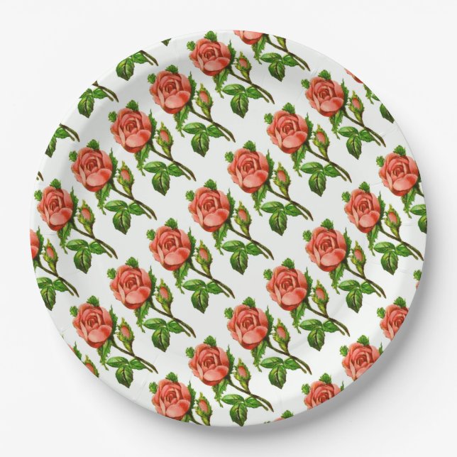 Pink Roses Victorian Theme Tea Party Floral Flower Paper Plates (Front)