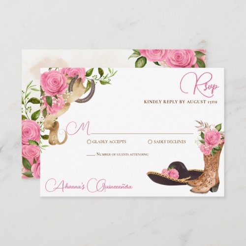 Pink Roses Vintage Charro Western Quinceanera RSVP Card