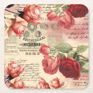 Pink Roses Vintage Ephemera Coaster