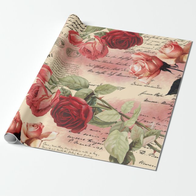 Pink Roses Vintage Ephemera Wrapping Paper (Unrolled)