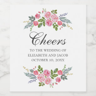 Pink roses. Vintage floral wedding calligraphy Wine Label
