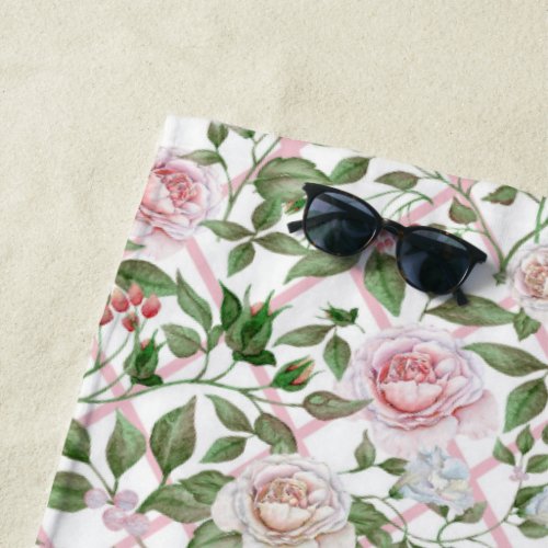 Pink Roses _ Vintage Watercolor Floral Beach Towel