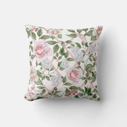 Pink Roses _ Vintage Watercolor Floral Throw Pillow