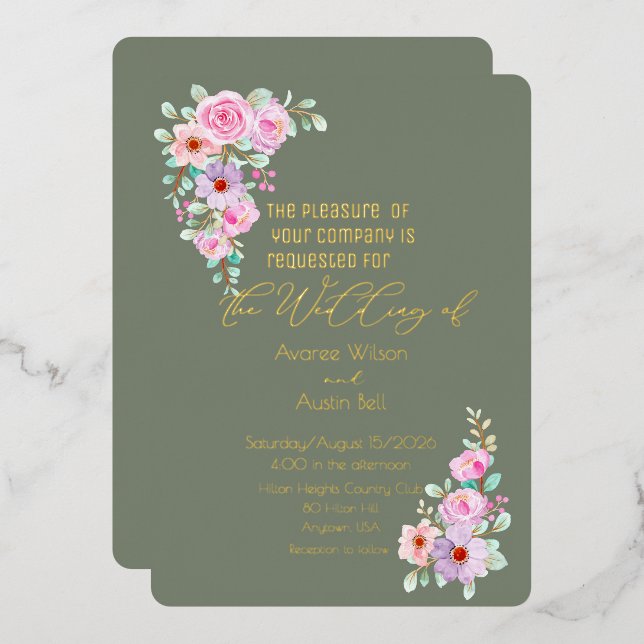 Pink Roses Warm Eucalyptus Green  Foil Invitation (Front/Back)