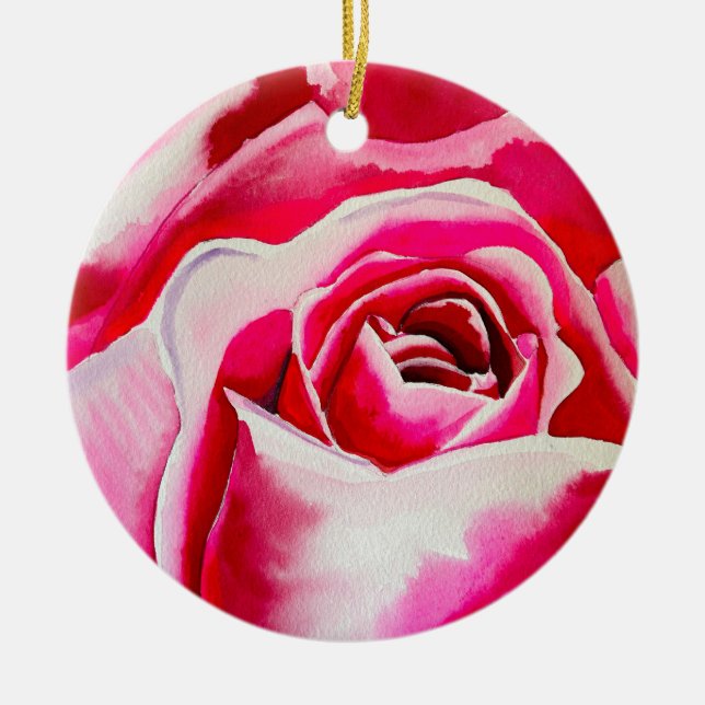 Pink roses watercolor art ceramic ornament (Front)