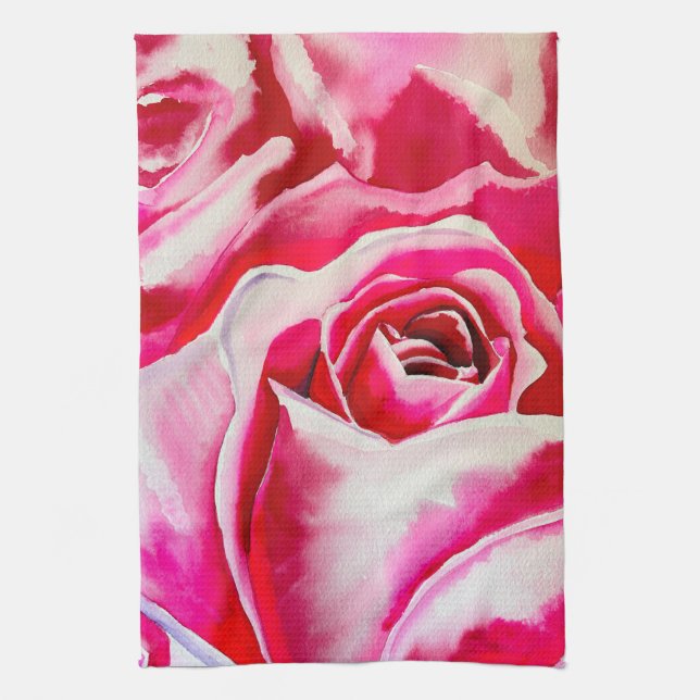 Pink roses watercolor art kitchen towel (Vertical)