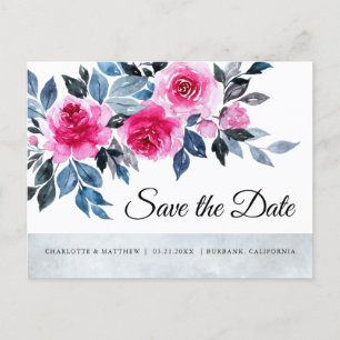 Pink Roses Watercolor Botanical Save The Date Announcement Postcard