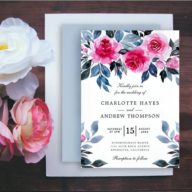 Pink Roses Watercolor Botanical Wedding Invitation (Creator Uploaded)