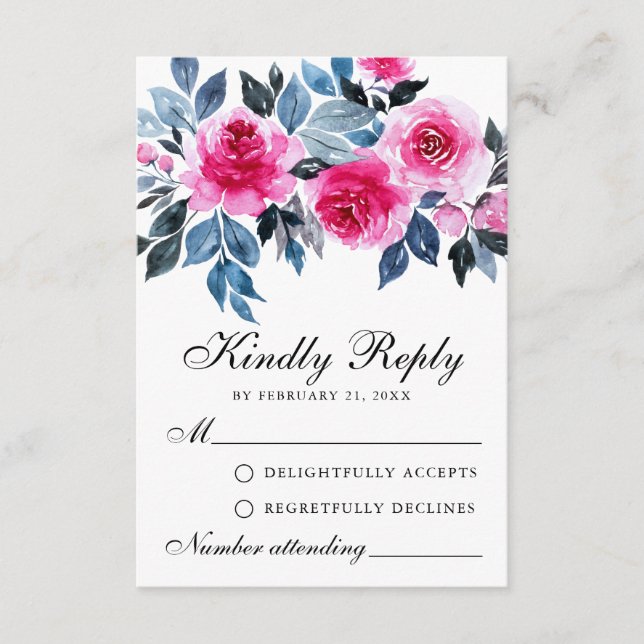 Pink Roses Watercolor Botanical Wedding RSVP Card (Front)