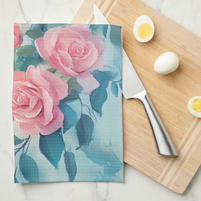 Pink Roses Watercolor Elegant  Kitchen Towel (Quarter Fold)
