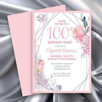 Pink Roses Watercolor Floral 100th Birthday Party Invitation by ilovedigis at Zazzle