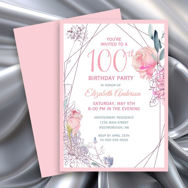 Pink Roses Watercolor Floral 100th Birthday Party Invitation (Blush Pink Rose Watercolor Floral Birthday Party Invitation)