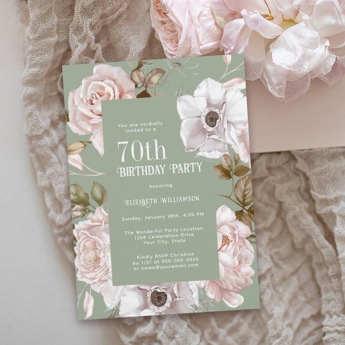 Pink Roses Watercolor Floral 70th Birthday Invitation