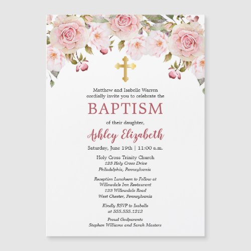 Pink Roses Watercolor Floral Baptism Invitation