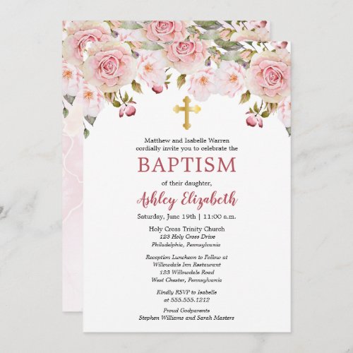 Pink Roses Watercolor Floral Baptism Invitation