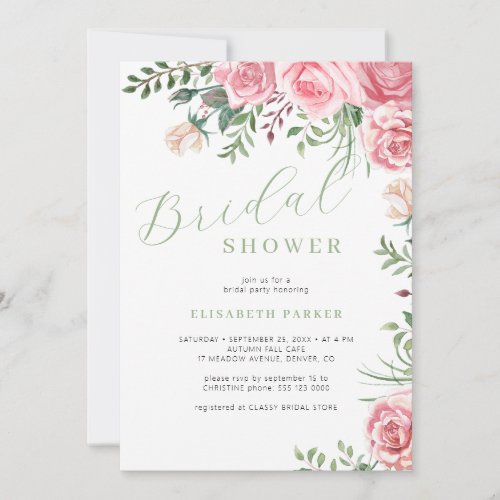 Pink roses watercolor floral elegant bridal shower invitation