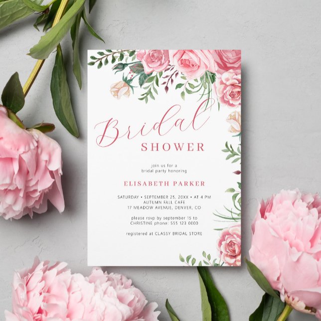 Pink roses watercolor floral elegant bridal shower invitation (Creator Uploaded)
