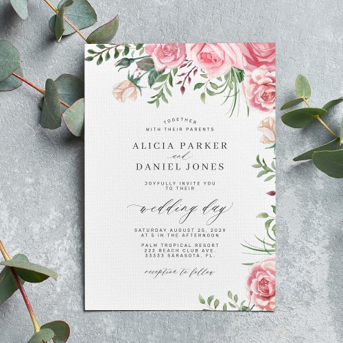Pink roses watercolor floral elegant wedding invitation