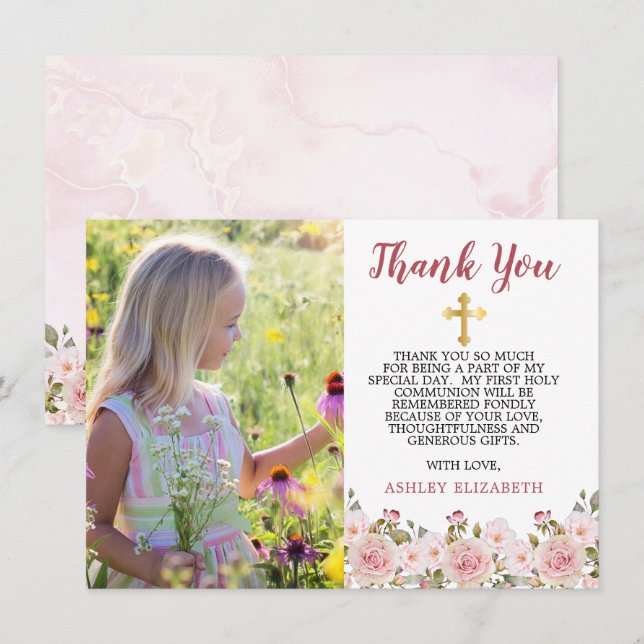 Pink Roses Watercolor Floral First Communion  Thank You Card (Front/Back)