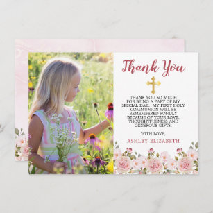 Pink Roses Watercolor Floral First Communion  Thank You Card